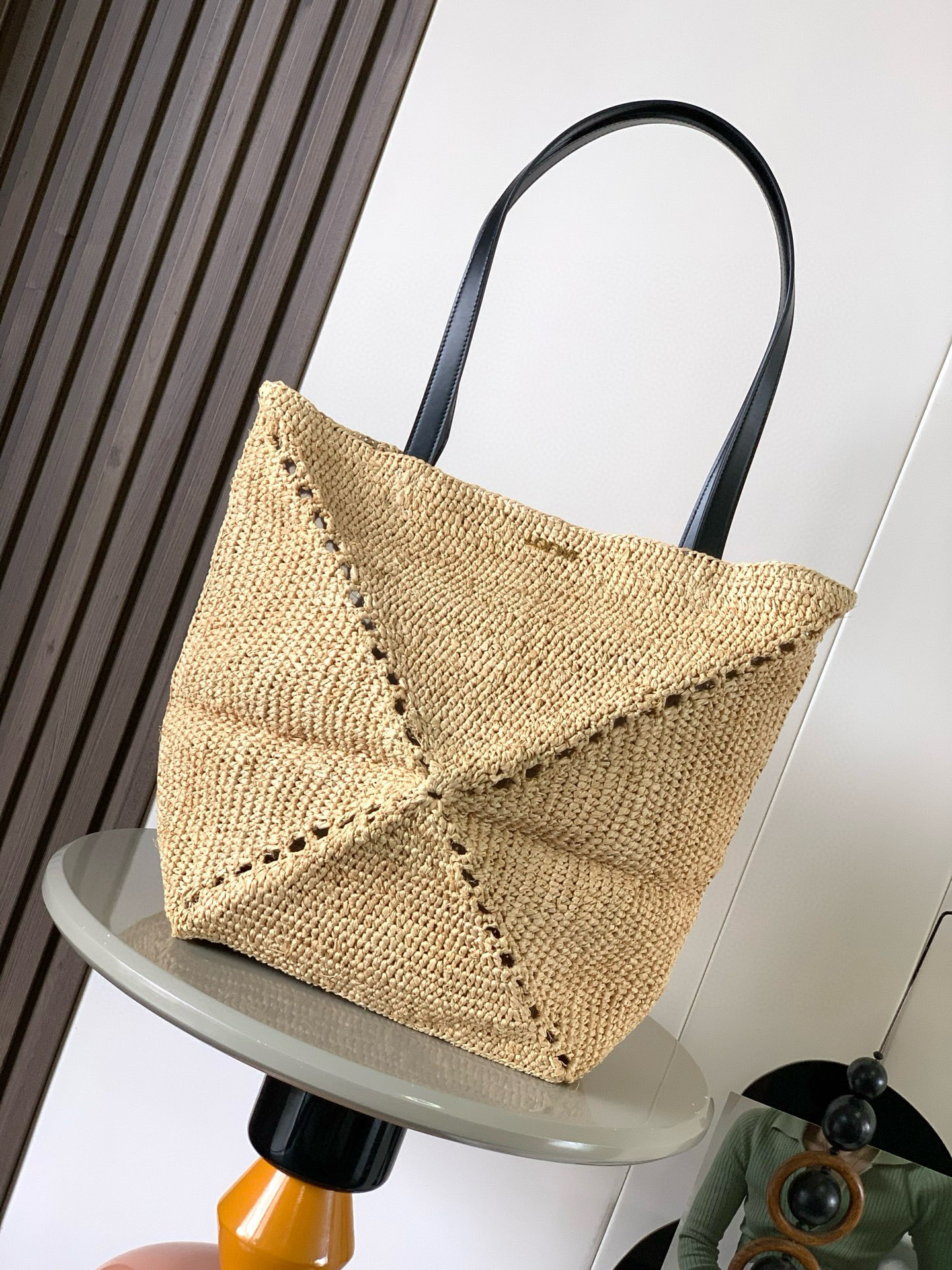 LOEWE Raffia Calfskin Medium Puzzle Fold Tote Natura