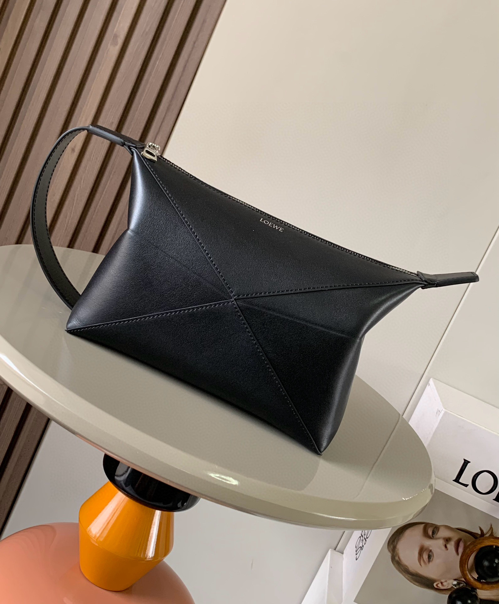 Loewe Puzzle Fold wash bag in shiny calfskin Black – LOEWE