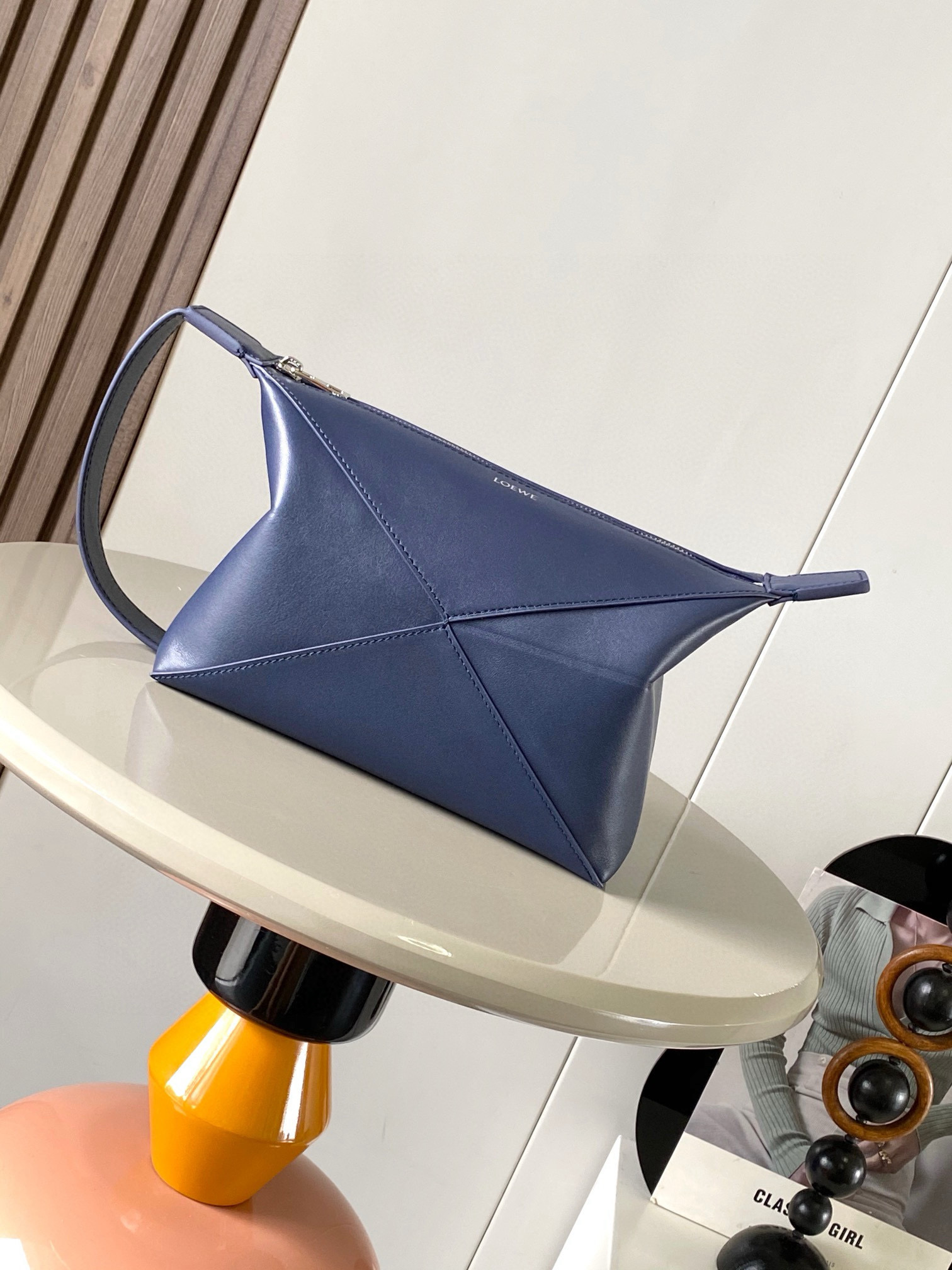 Loewe Puzzle Fold wash bag in shiny calfskin Blue – LOEWE