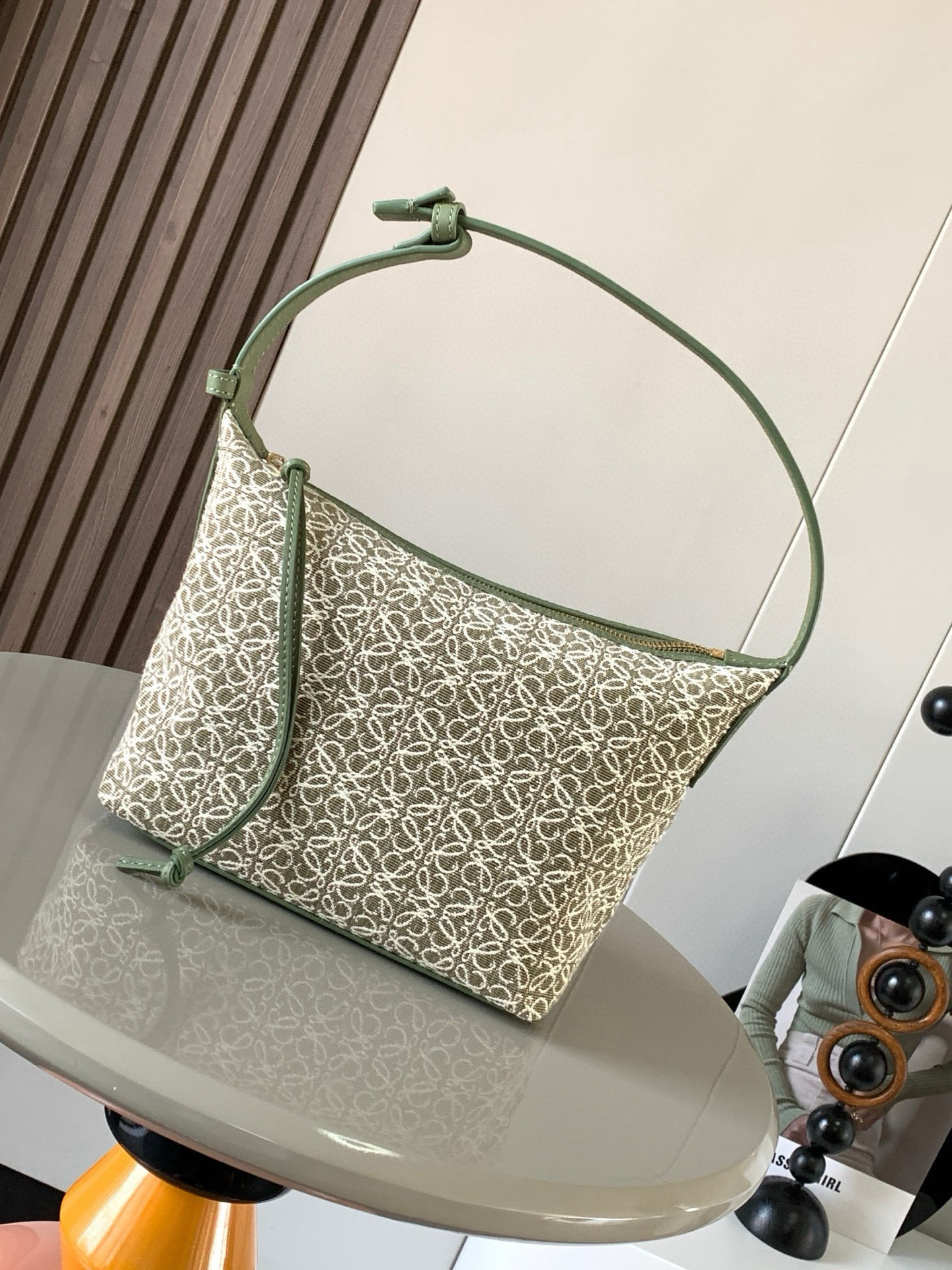LOEWE Jacquard Anagram Calfskin Small Cubi Bag Avocado Green 1405010