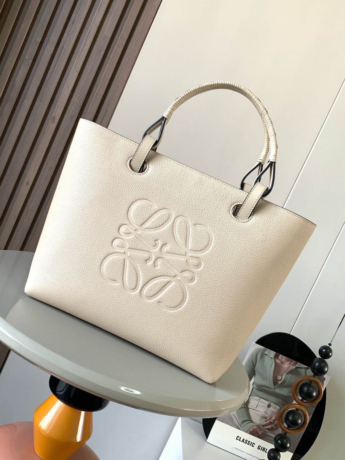 Loewe Anagram Small Tote Bag Calfskin Light Beige 2Way Used white