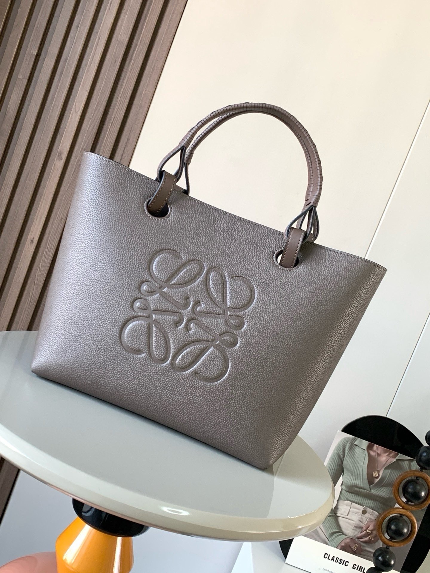 Loewe Anagram Small Tote Bag Shoulder Calf Taupe Gray
