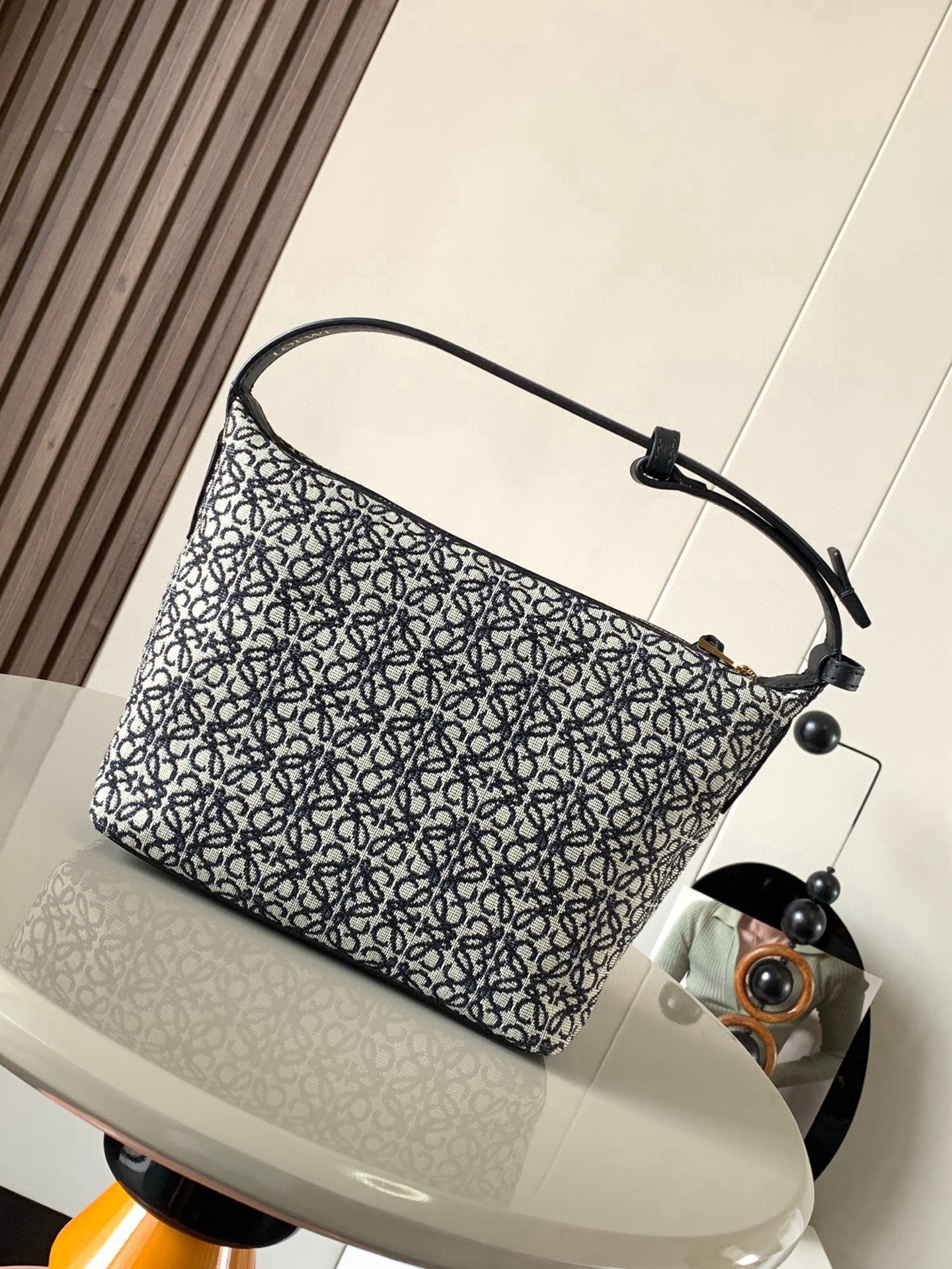 LOEWE Jacquard Anagram Calfskin Small Cubi Bag Navy Black 1622836 \