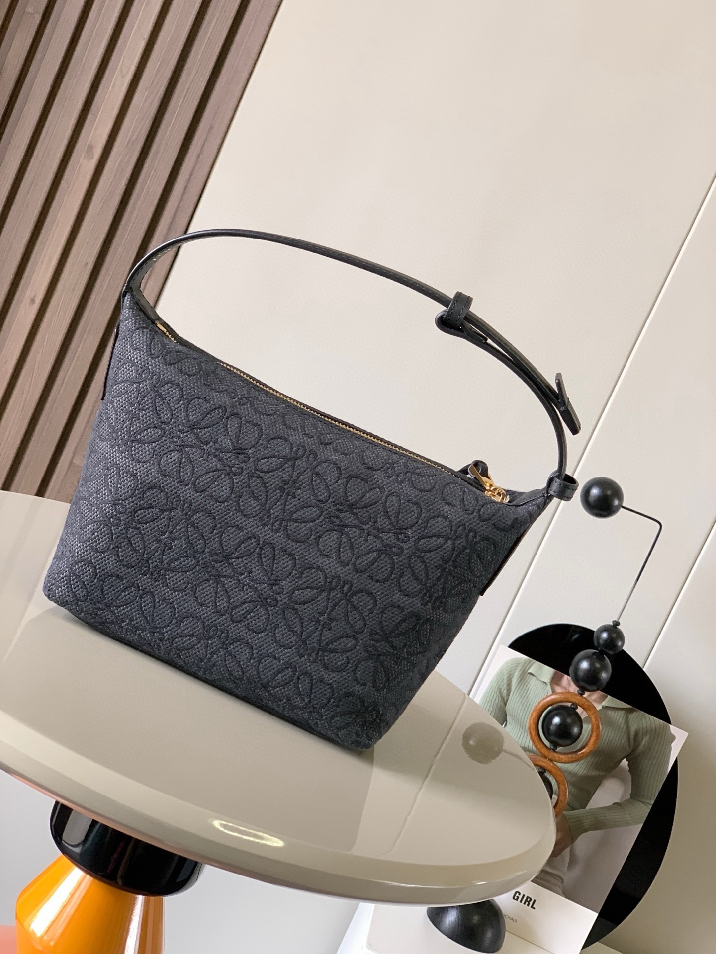 LOEWE Jacquard Anagram Calfskin Small Cubi Bag Anthracite Black 1359496 |