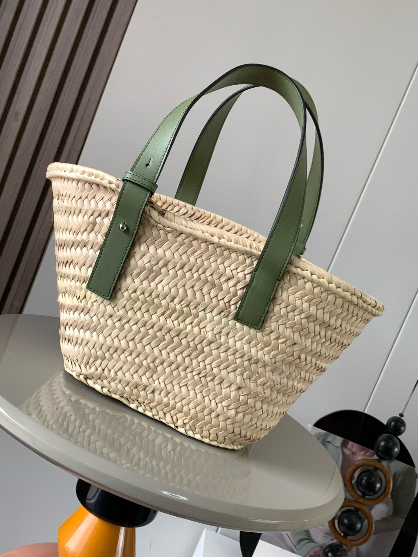 LOEWE Raffia Small Basket Tote Bag Natural Green 1251322