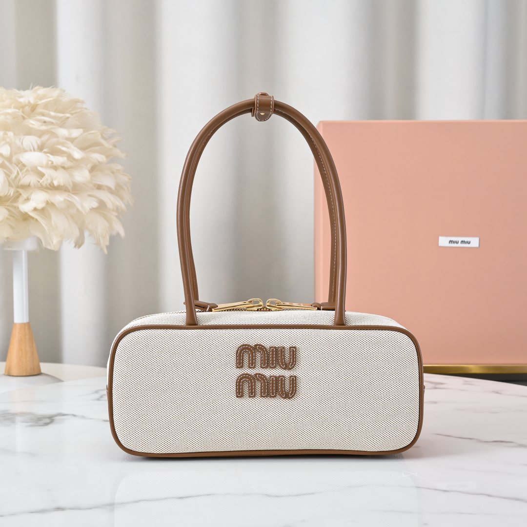 Miu Miu Beige/brandy Beau Canvas And Leather Bag | Miu Miu
