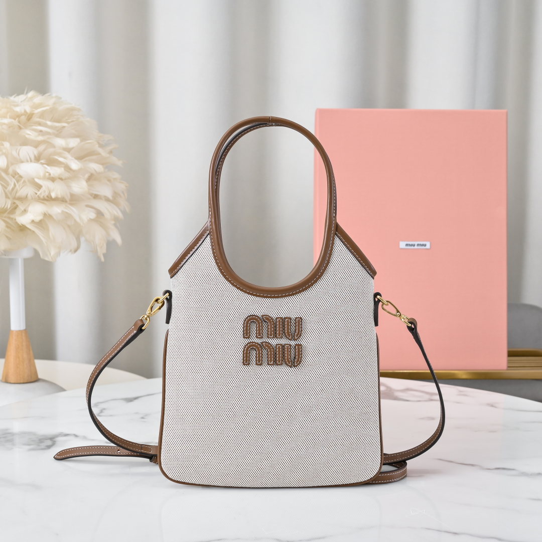 Miu Miu Beige/brandy Ivy Canvas And Leather Bag | Miu Miu