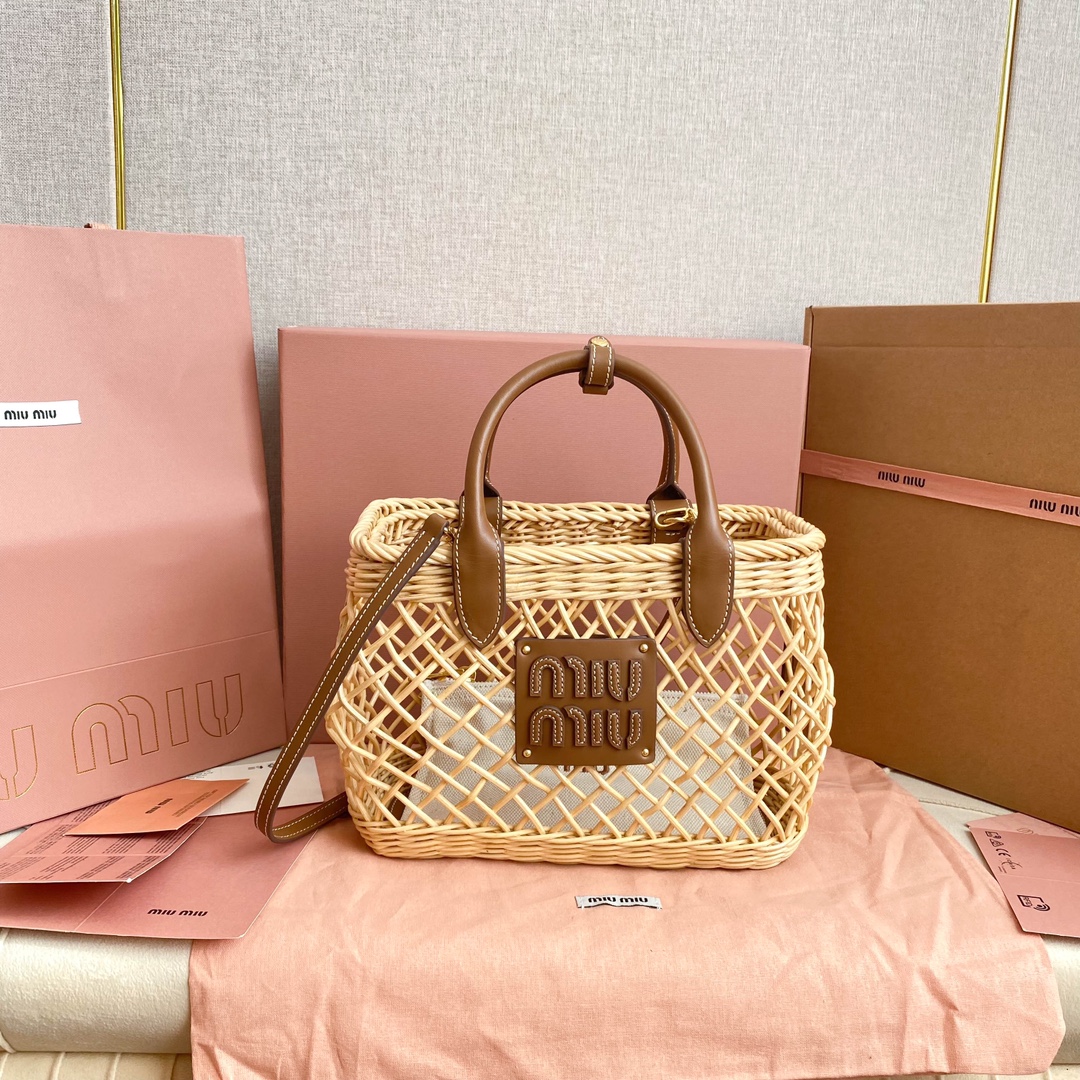 Miu Miu Woven Fabric Handbag With Leather Trim – Tan/Caramel