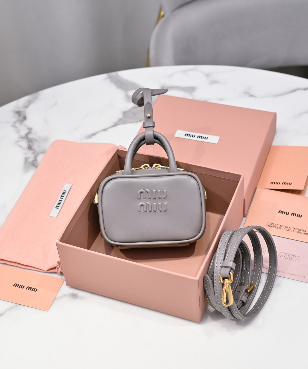 Miu Miu Chalk gray Beau Leather Micro-bag | Miu Miu