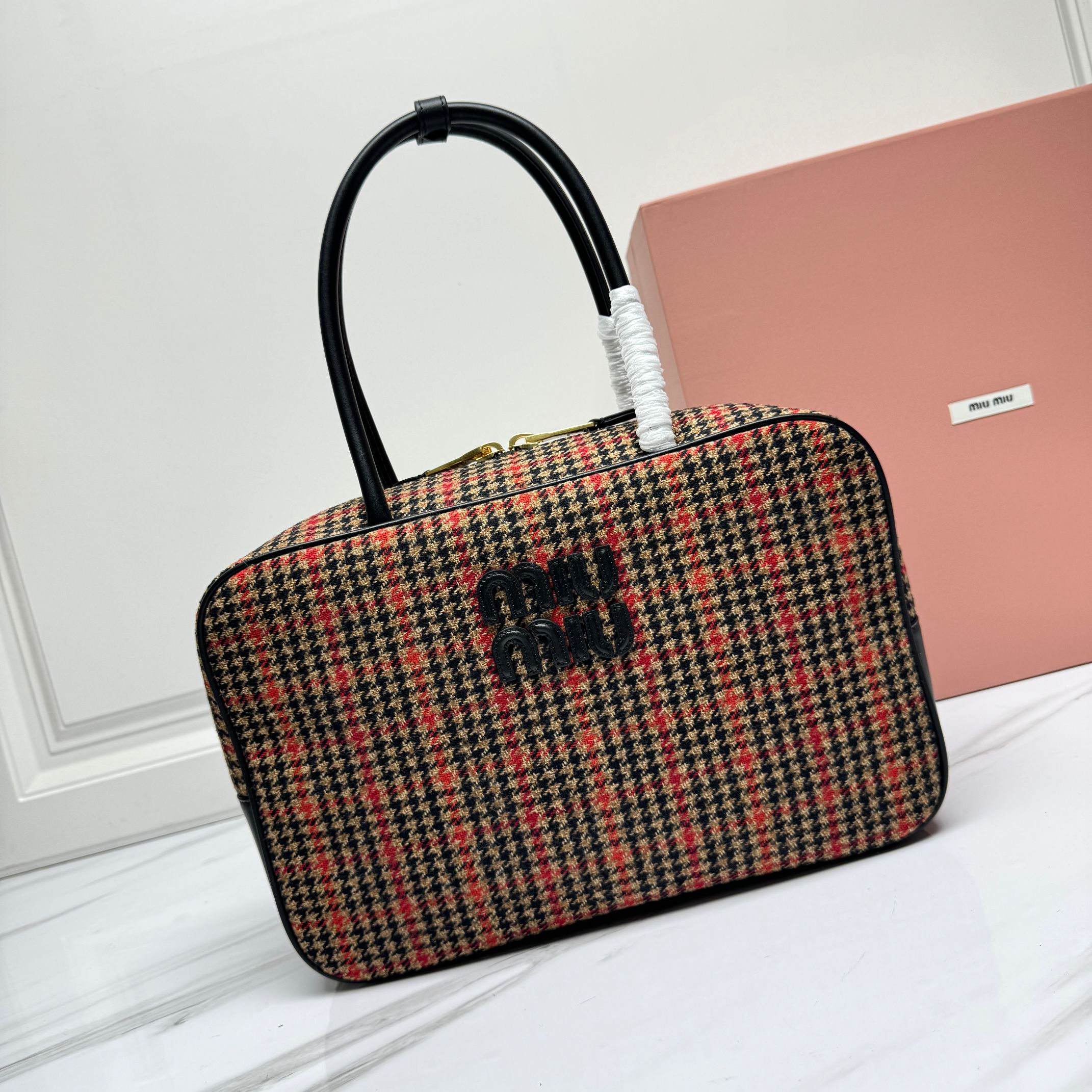 Miu Miu Beau tartan Top-Handle bag with leather details Ruggine