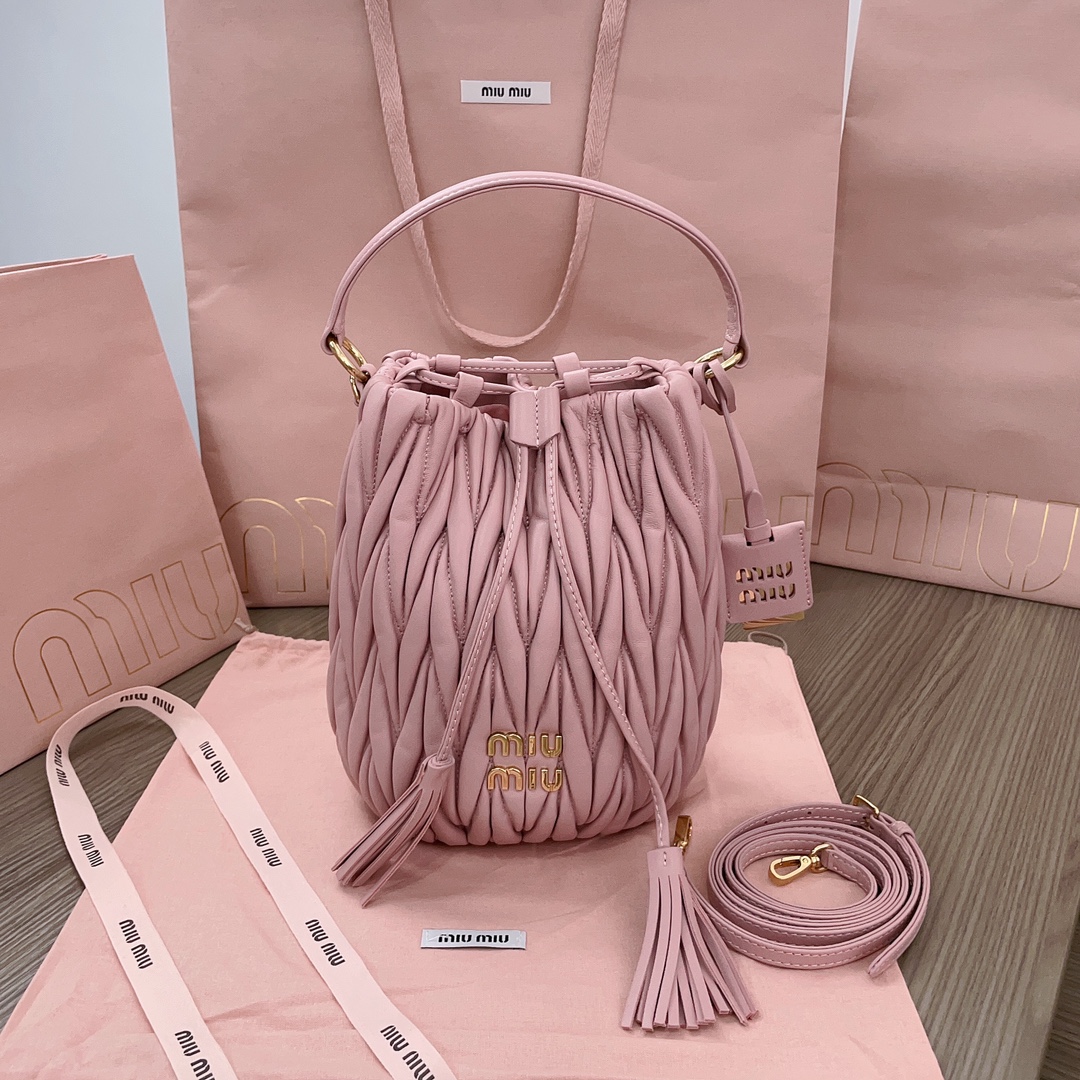 Miu Miu Tassel Accent Leather Bucket Bag – Pink Bucket Bags