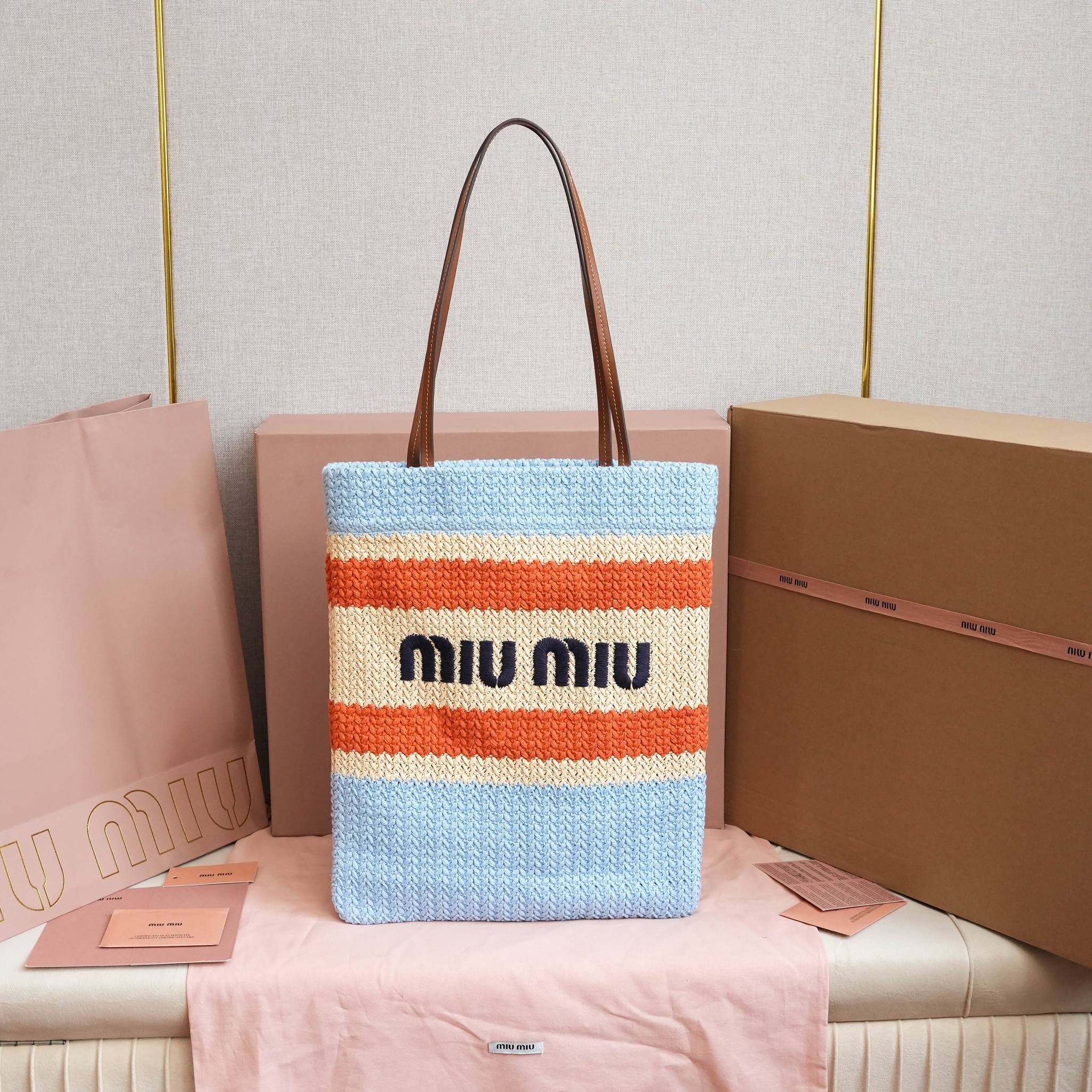 Miu Miu Crochet Tote Bag – Tan / Light Blue |  Miu Miu 00249
