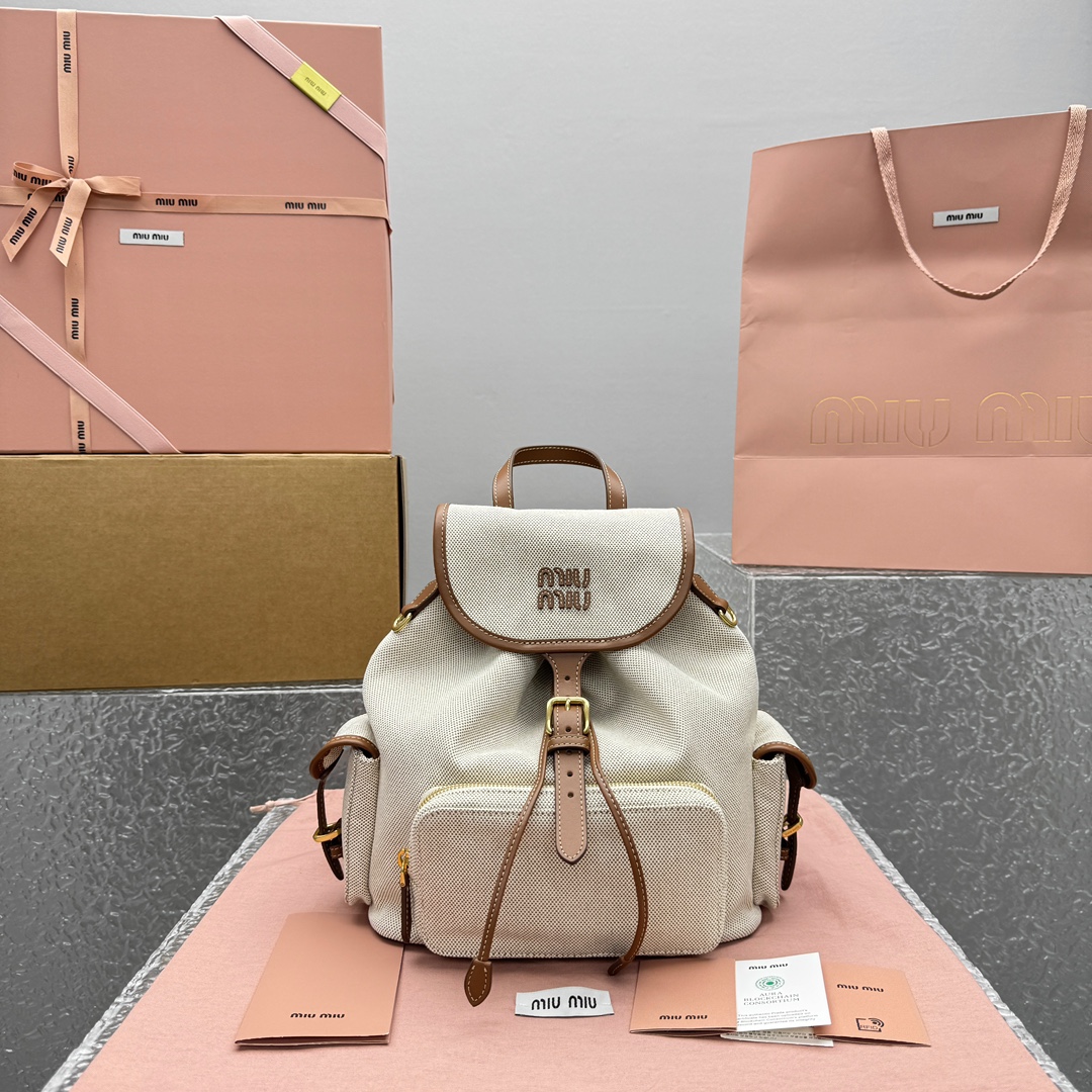 Miu Miu Cornflower white/brandy Canvas And Leather Backpack | Miu Miu