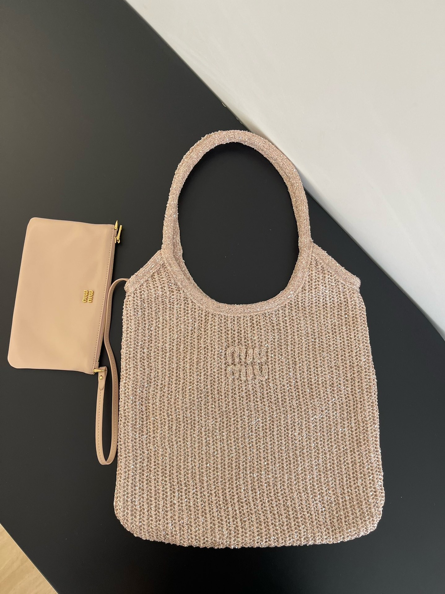 Miu Miu Powder brown Ivy Sequin Mesh Bag | Miu Miu