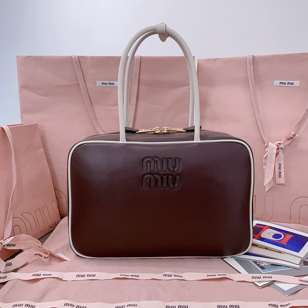 Miu Miu Large Contrast Beau Bag Briarwood/White in Leath Miu Miu  00299