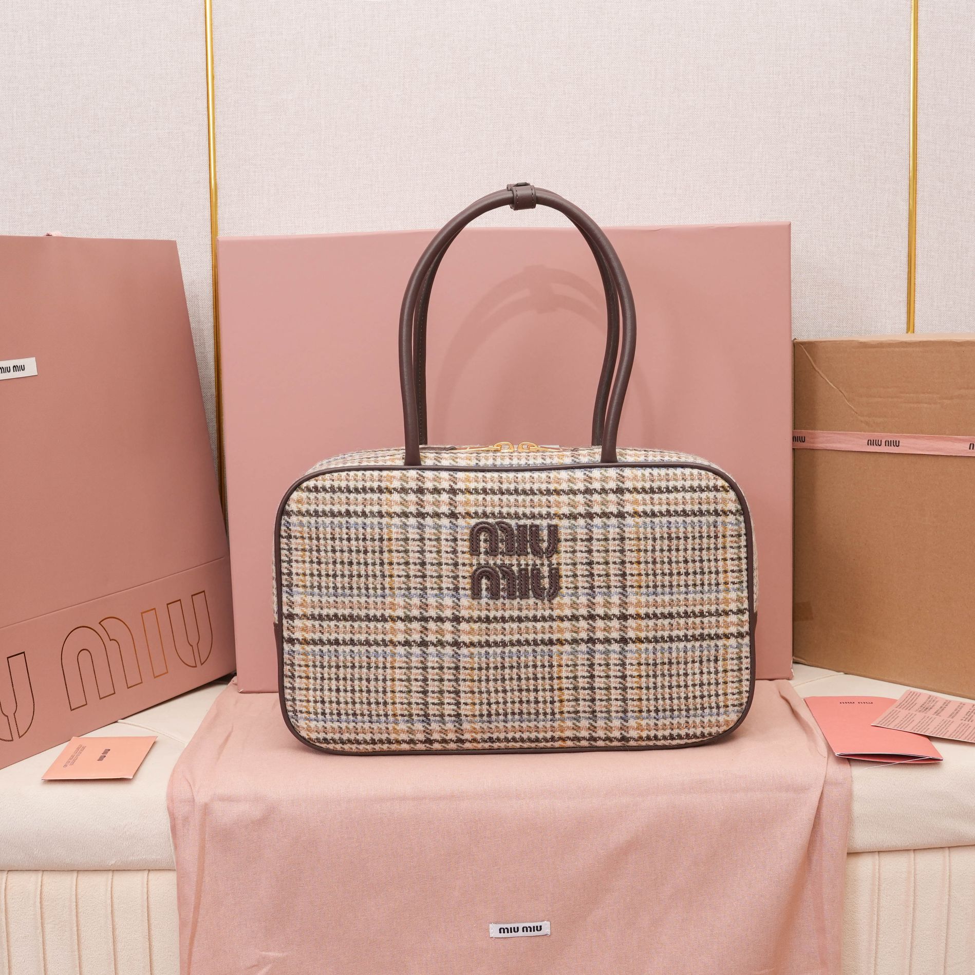 Miu Miu Beau tartan top-handle bag with leather details |