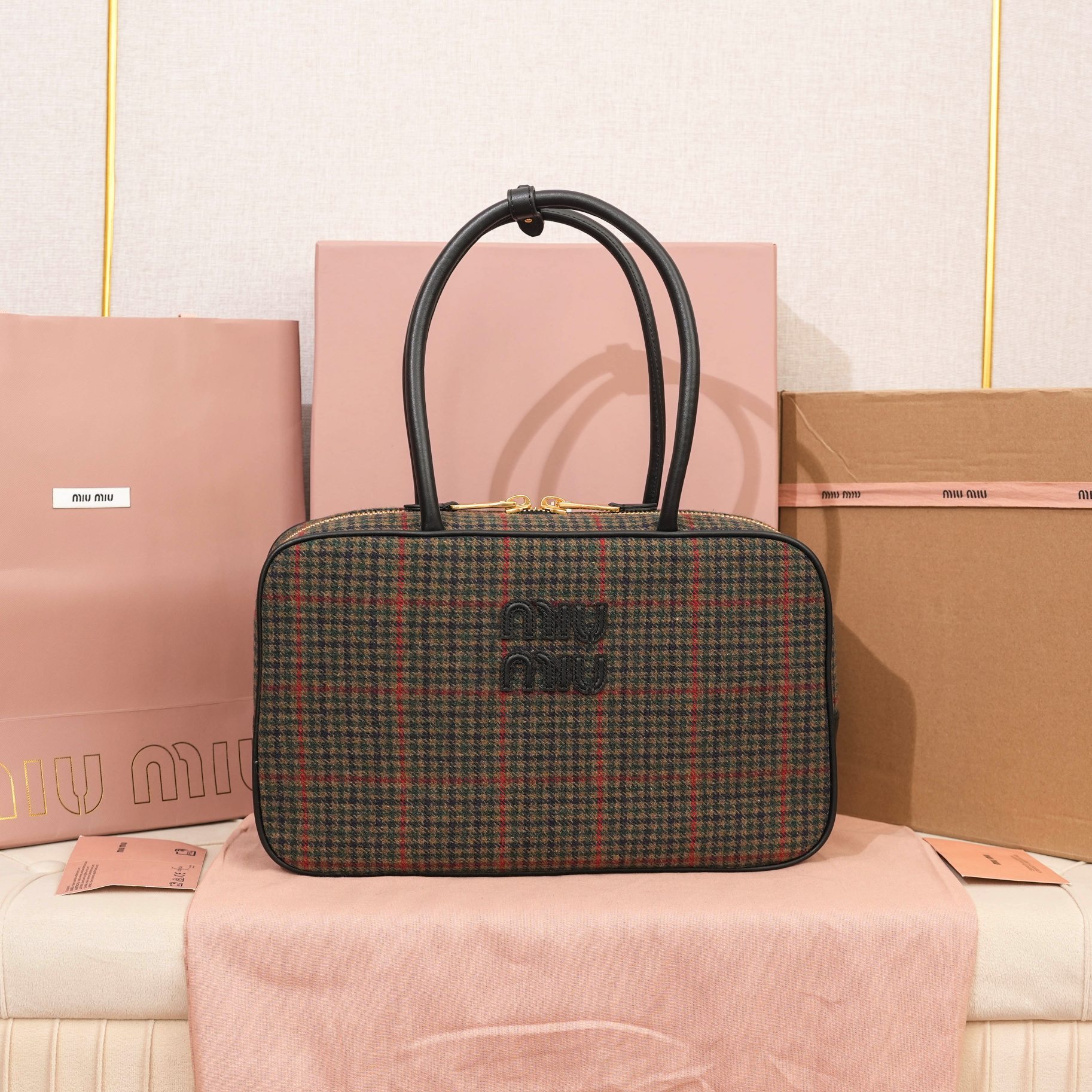 Miu Miu Beau tartan top-handle bag with leather details |