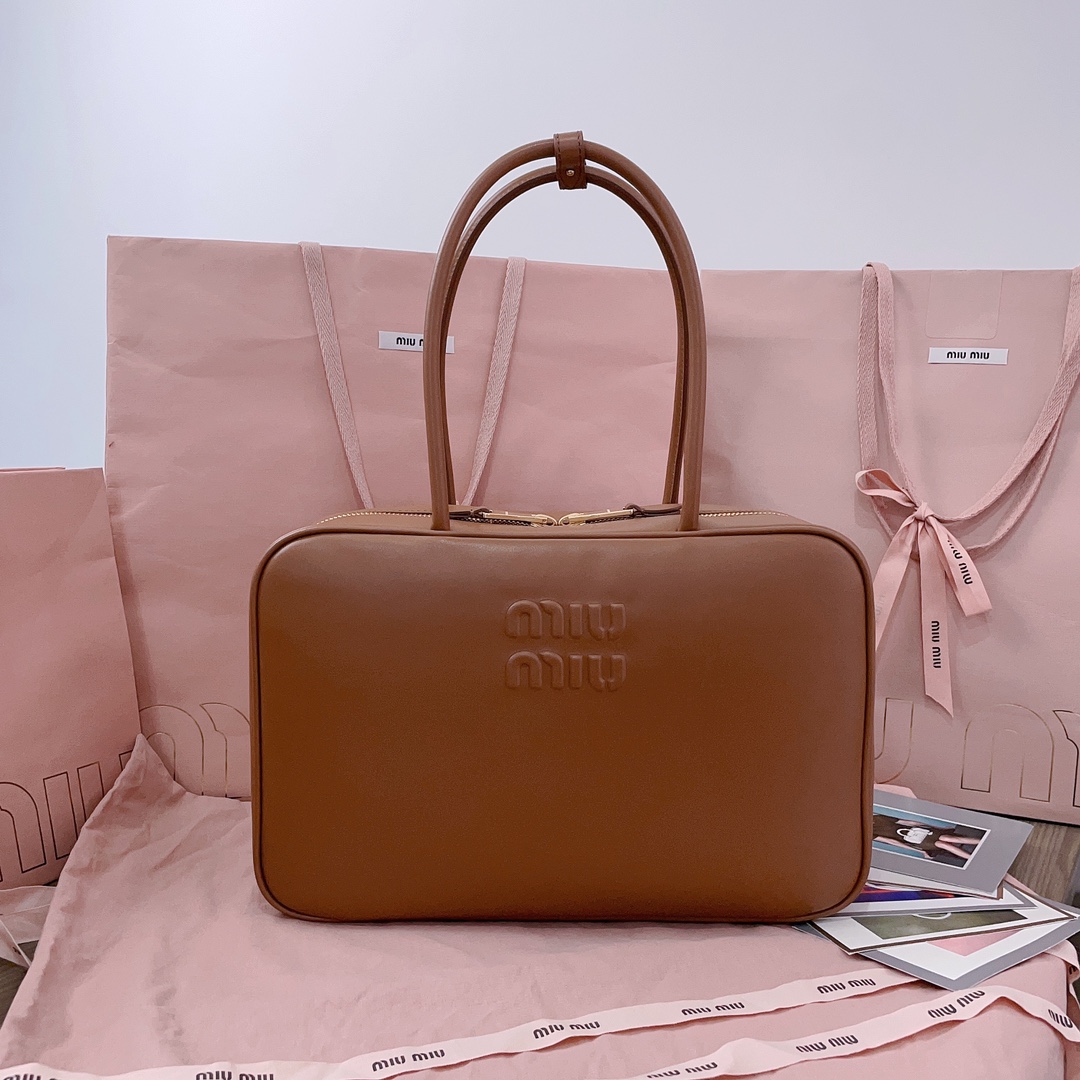 Miu Miu Brown Leather embossed logo bowling bag Mi