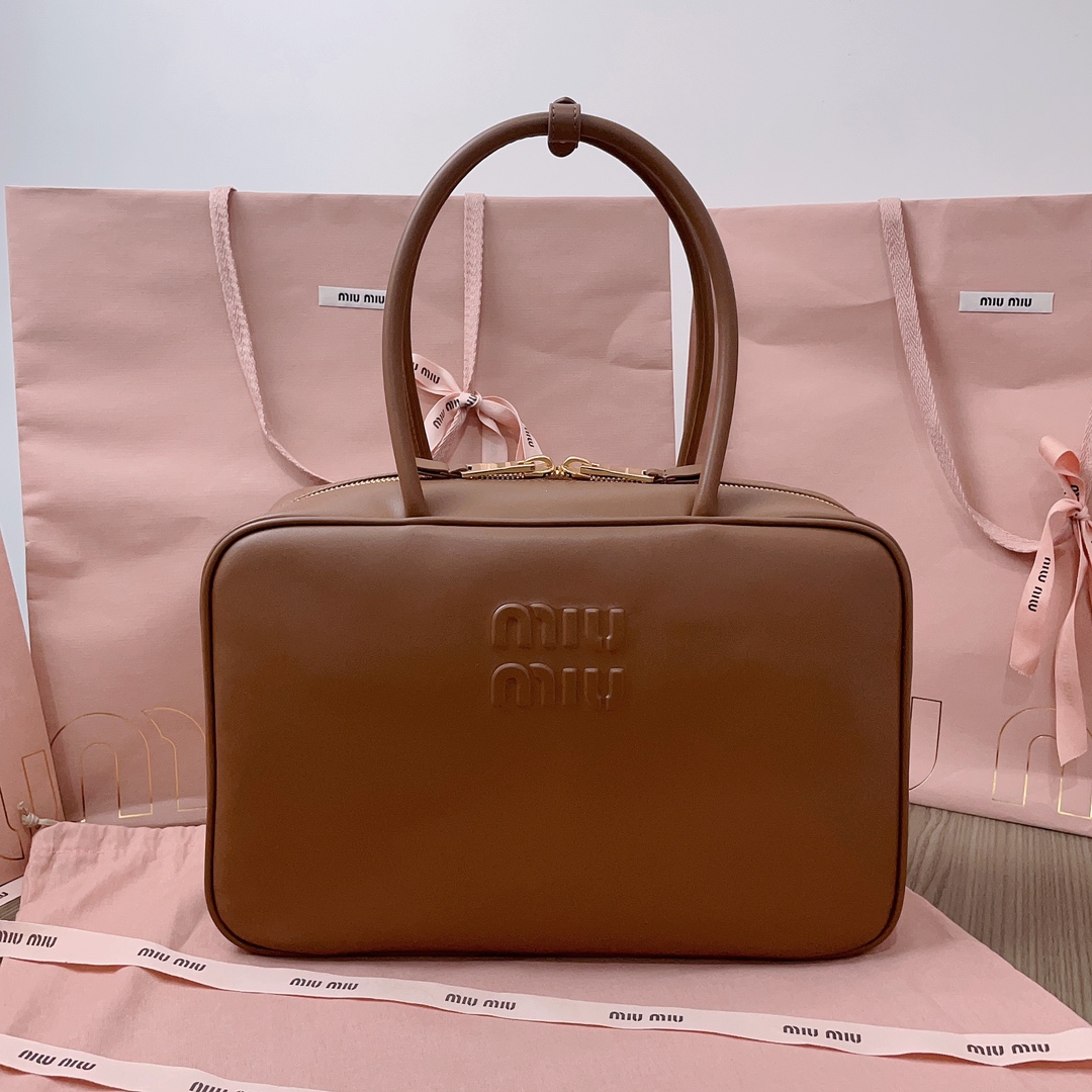 Miu Miu Brown Leather embossed logo bowling bag Miu
