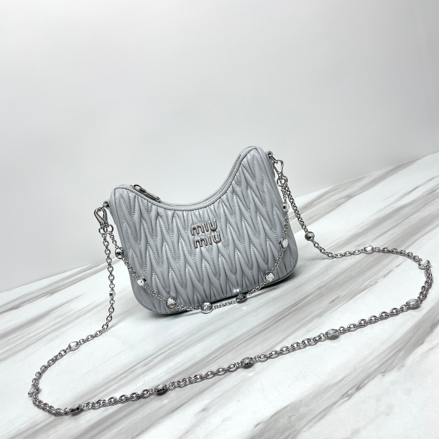 Miu Miu Matelassé Rhinestone-Strap Shoulder Bag –