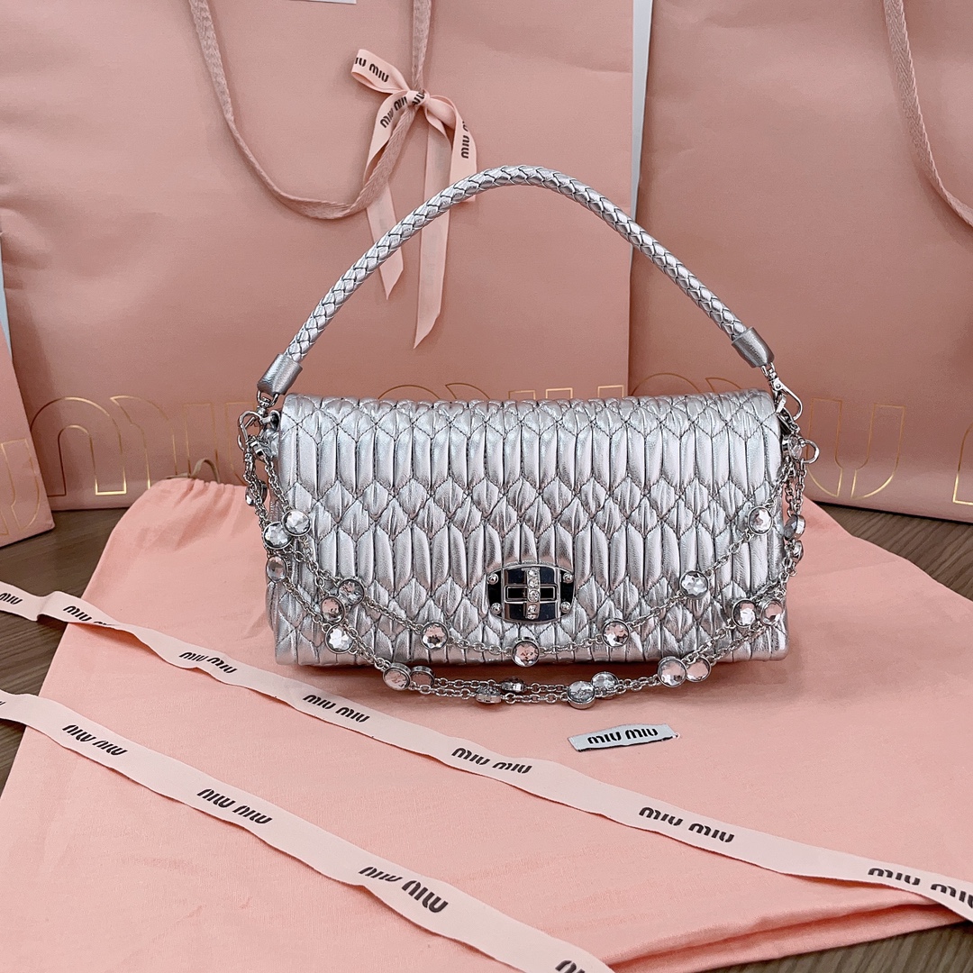 Miu Miu Silver Miu Crystal Nappa Leather And Crystal Mini-ba