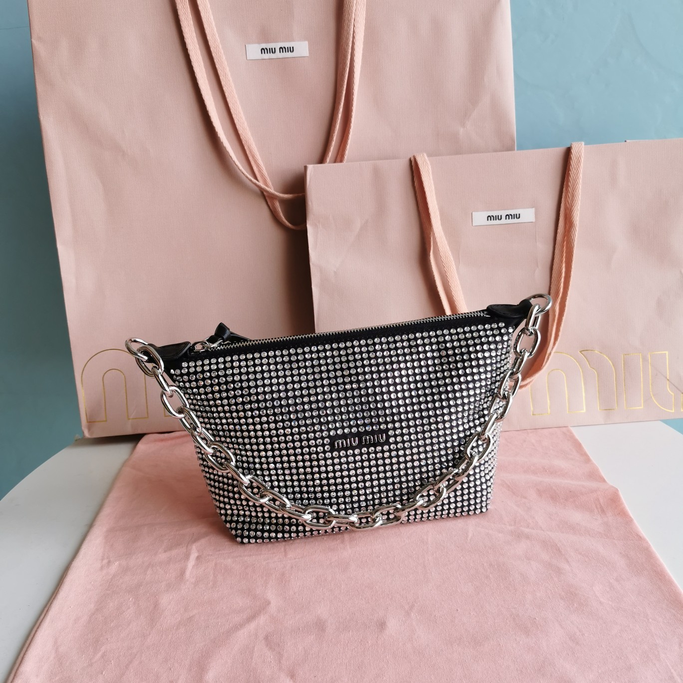 Miu Miu Black Satin and Leather Crystals Spirit Baguette Bag Miu Miu | TLC Miu Miu  00619