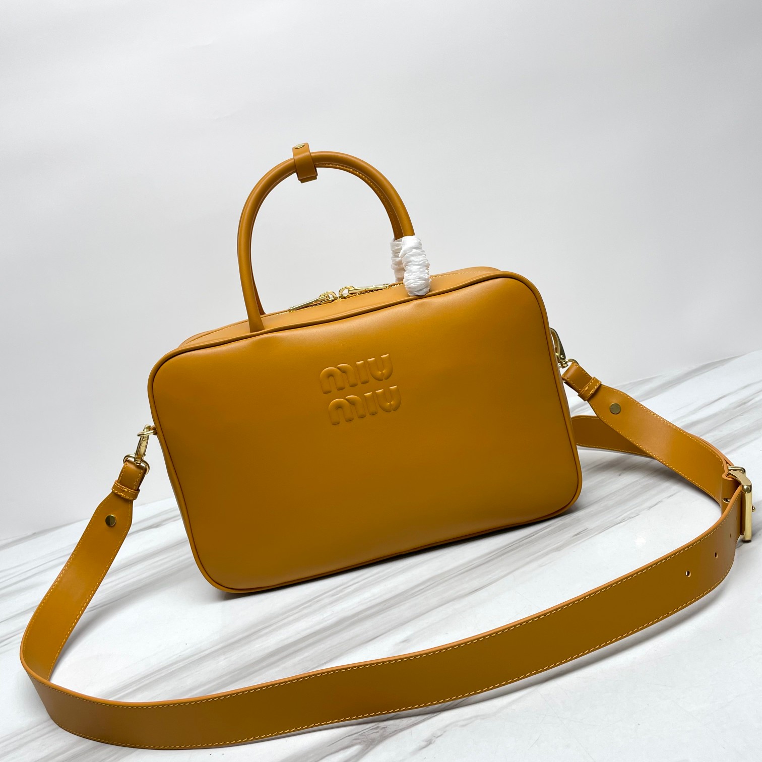 Miu Miu Square Leather Zip Bag in Honey with Handles …