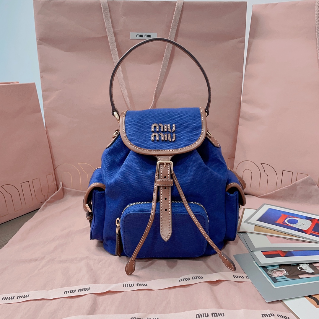 Miu Miu Cornflower Blue/brandy Canvas And Leather Backpack | Miu Miu