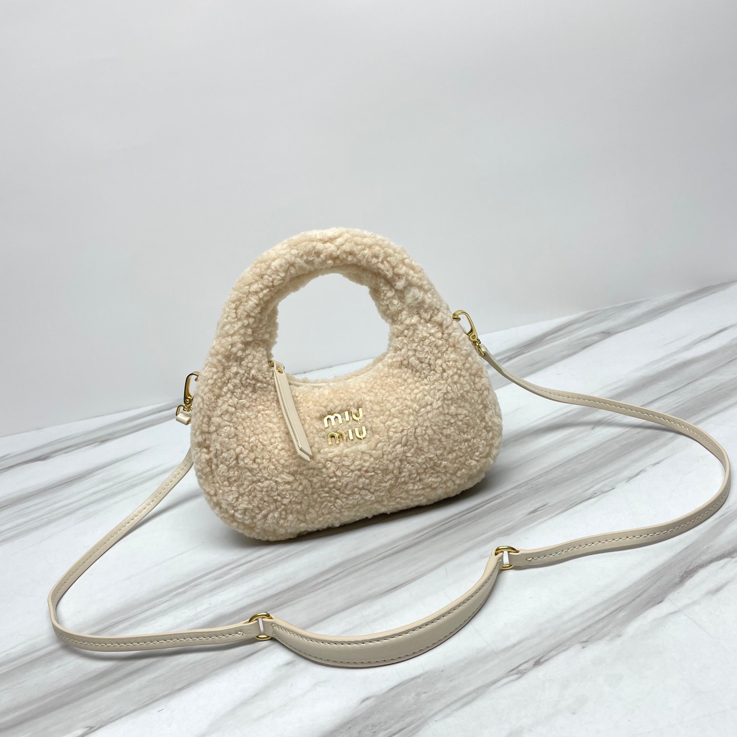 Miu Miu Ivory Wander Shearling Hobo Bag white  | Miu Miu