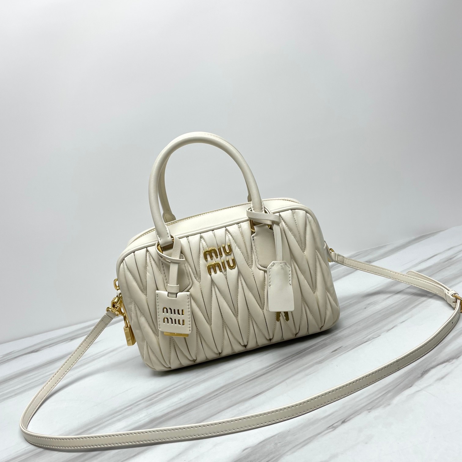 MIU MIU Nappa Matelasse Arcadie Top Handle Bag White