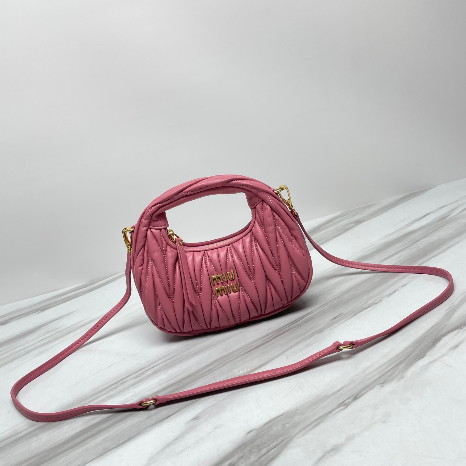 Miu Miu Begonia Pink Wander Matelassé Nappa Leather Micro Hobo Bag