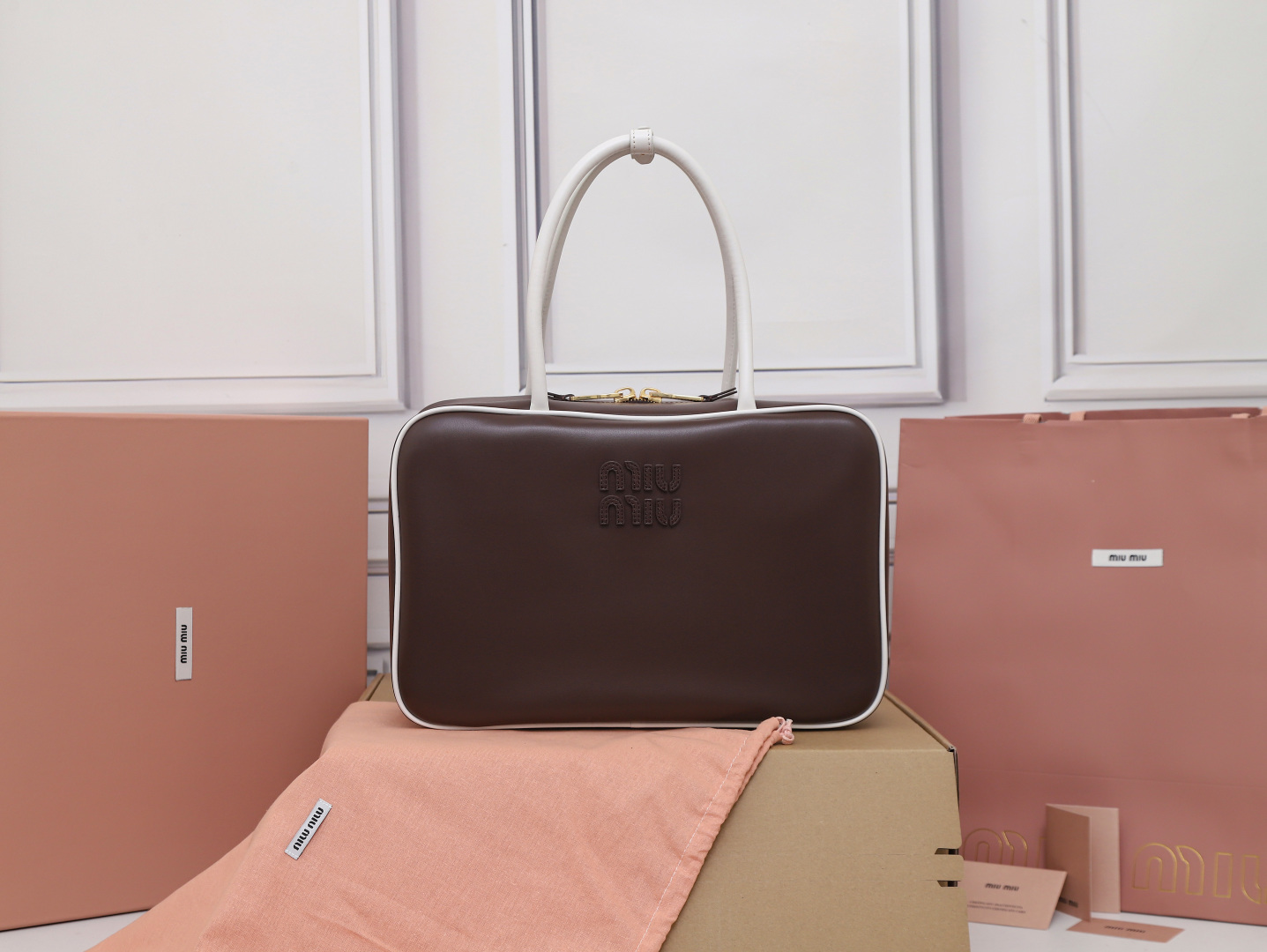 Miu Miu Briarwood/white Beau Leather Bag | Miu Miu