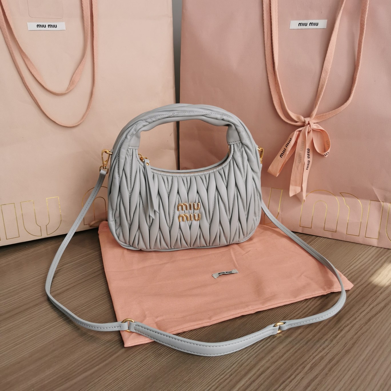 Miu Miu Pearl Gray Wander Matelassé Nappa Leather Hobo Bag | Miu