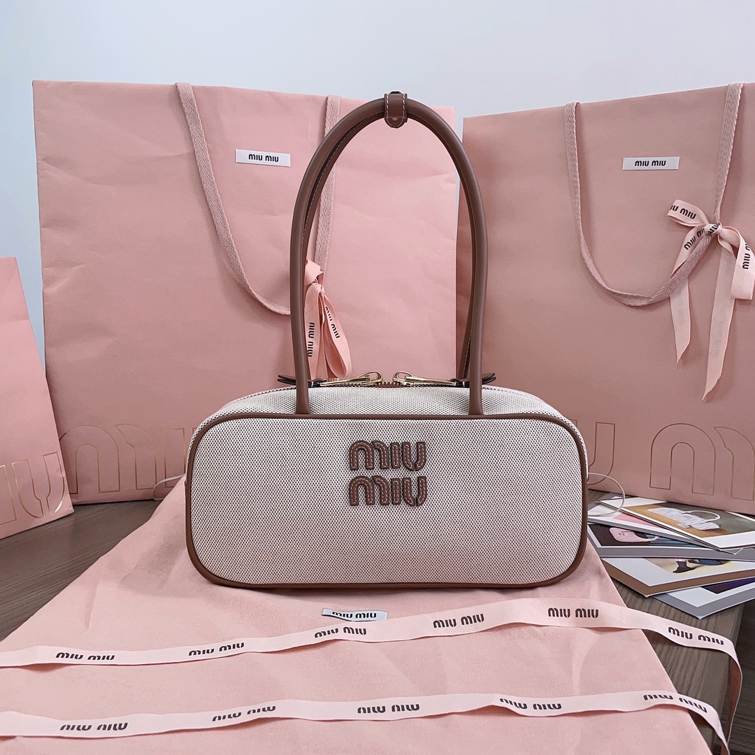 Miu Miu Top Handle canvas x leather Hand bag Beige x brown