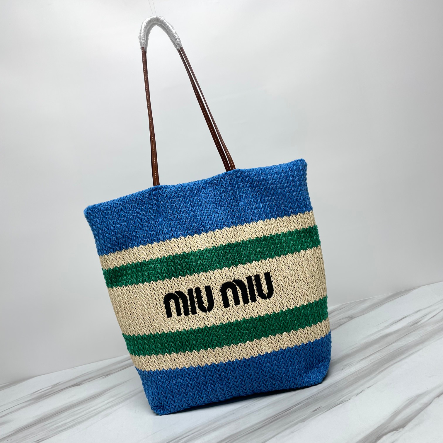 Miu Miu Raffia And Cotton Tote Bag – Beige/Light Blue
