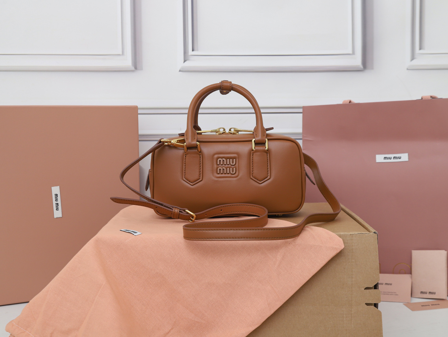 MIU MIU Calfskin Regular Arcadie Top Handle Bag Cognac