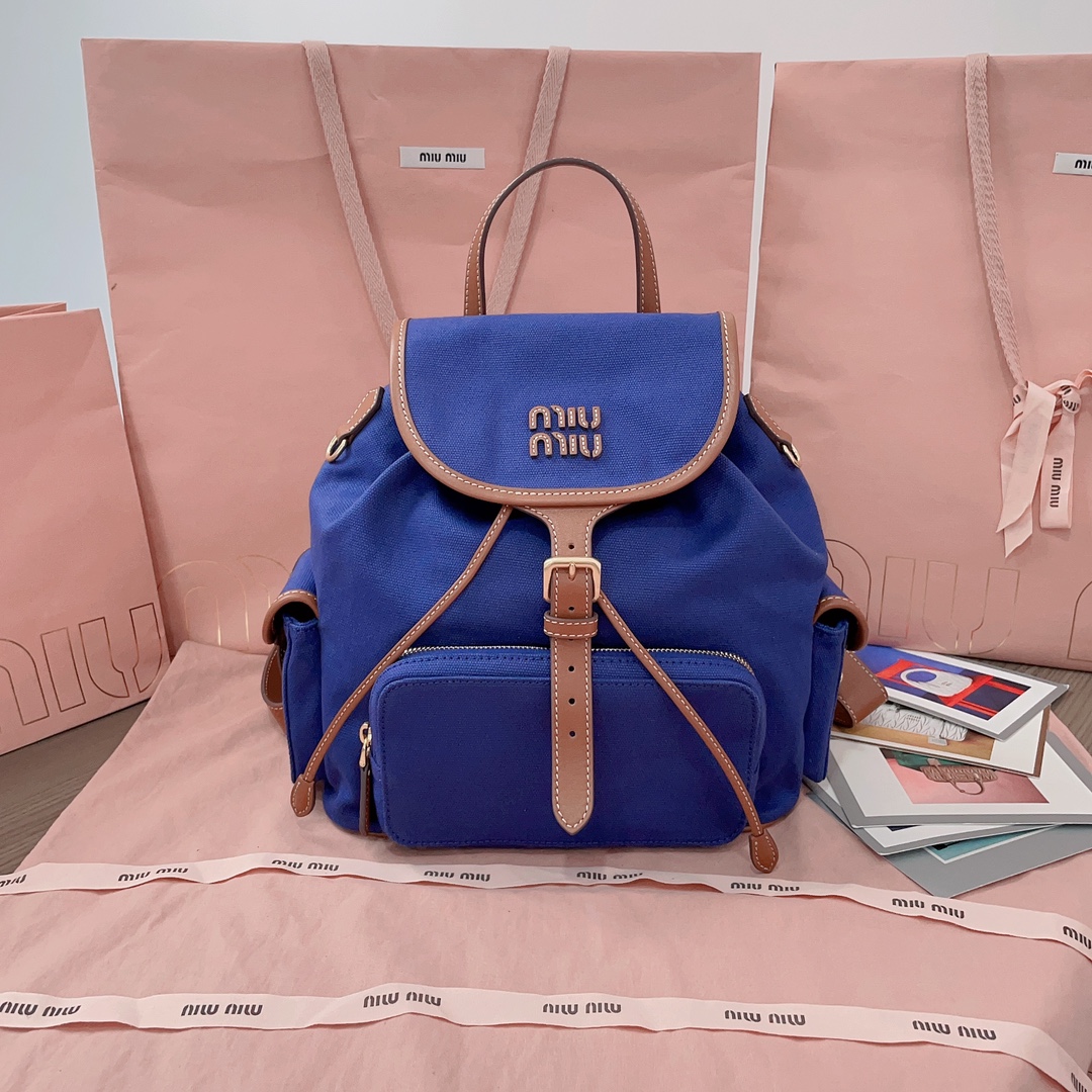 Miu Miu Cornflower Blue/brandy Canvas And Leather Backpack | Miu Miu