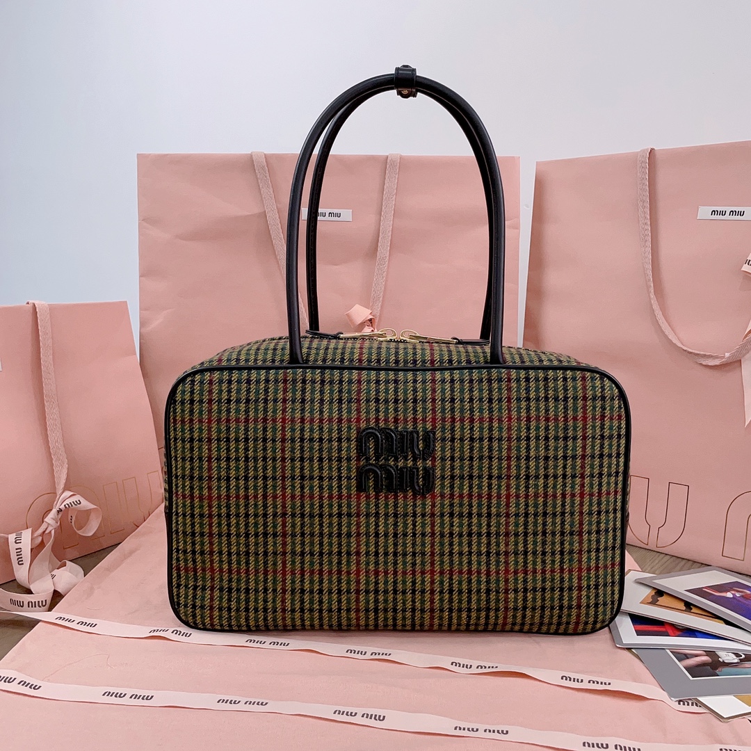 Miu Miu Beau tartan top-handle bag with leather details Bag