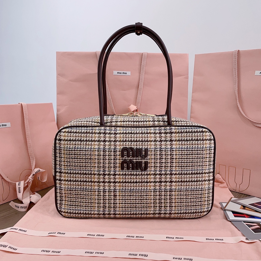 Miu Miu Beau tartan top-handle bag with leather details |