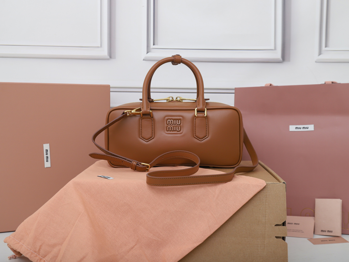 MIU MIU Calfskin Mini Arcadie Top Handle Bag Cognac