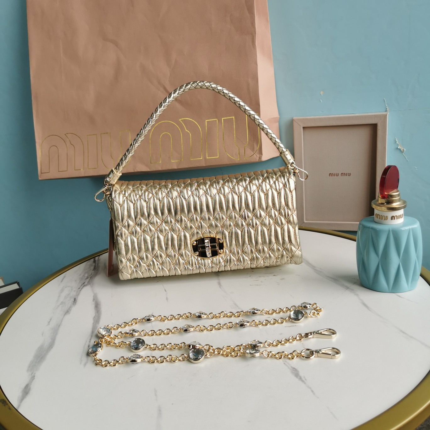 Miu Miu Matelassé Nappa Crystal Pochette – Gold Evening Bags, Handbags – MIU