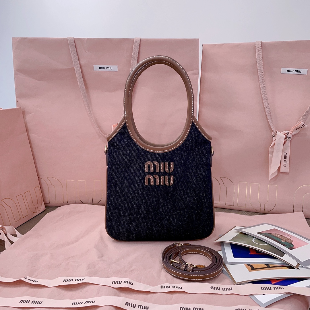 Miu Miu Ivy leather-trimmed Denim Shoulder Bag | Blue