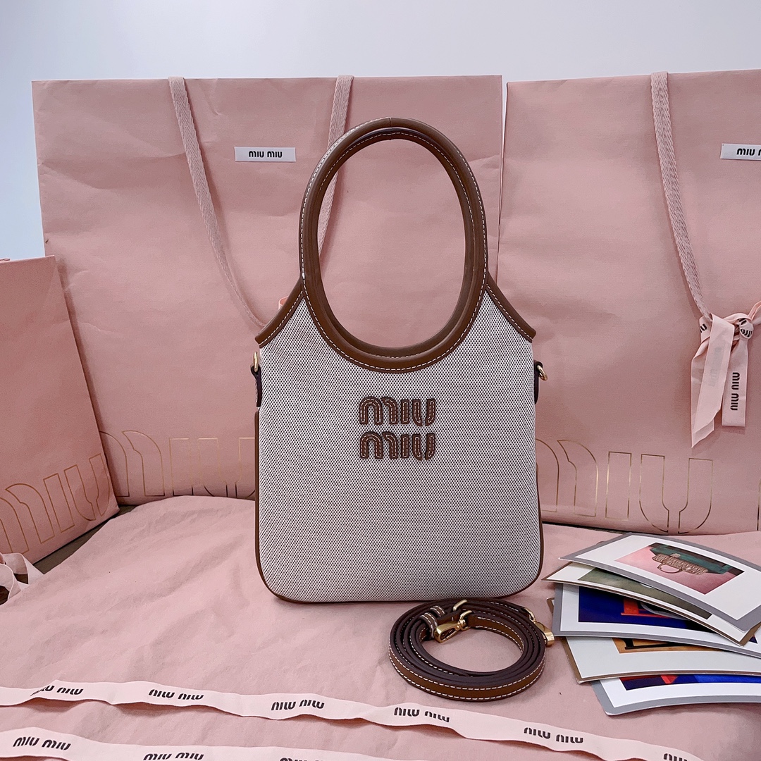 Miu Miu Beige/brandy Ivy Canvas And Leather Bag gray | Miu Miu
