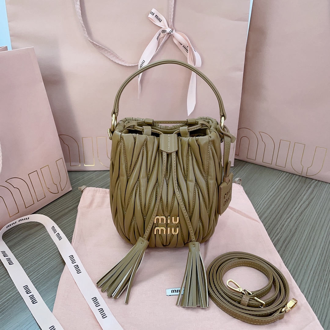 Miu Miu Matelassé Nappa Leather Bucket Bag green