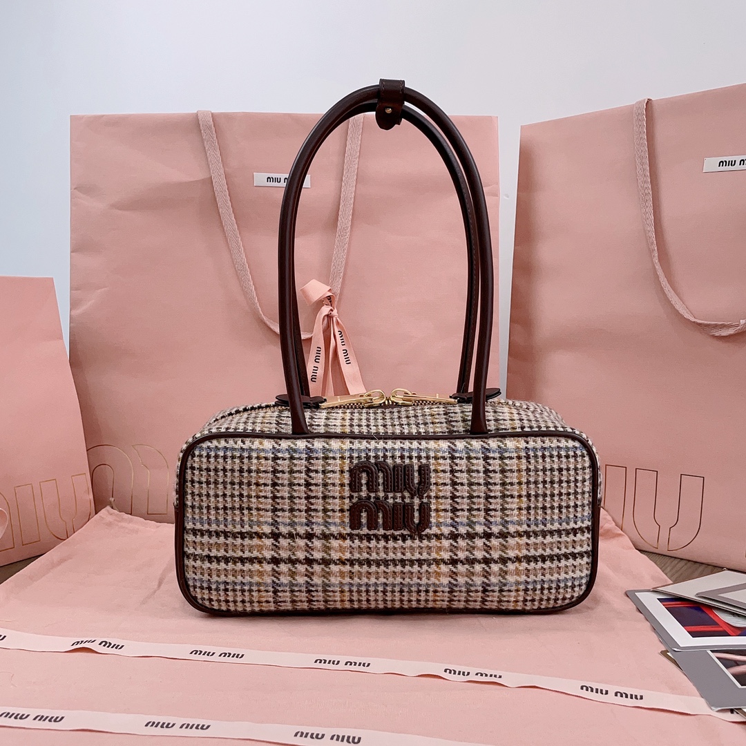Miu Miu Beau tartan top-handle bag with leather details