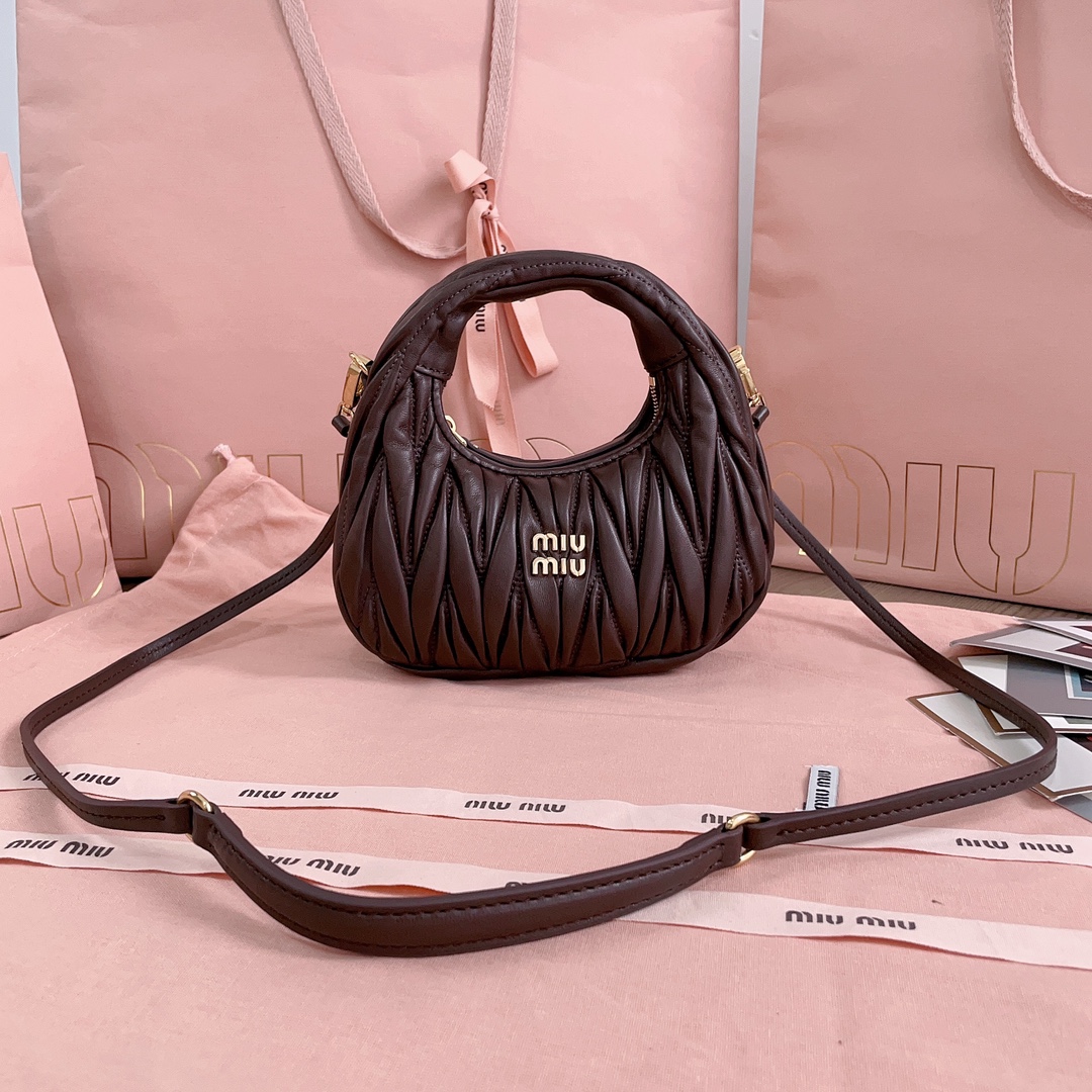 Miu Miu Black BROWN Leather Wander Matrasse Hobo Mini Bag Miu