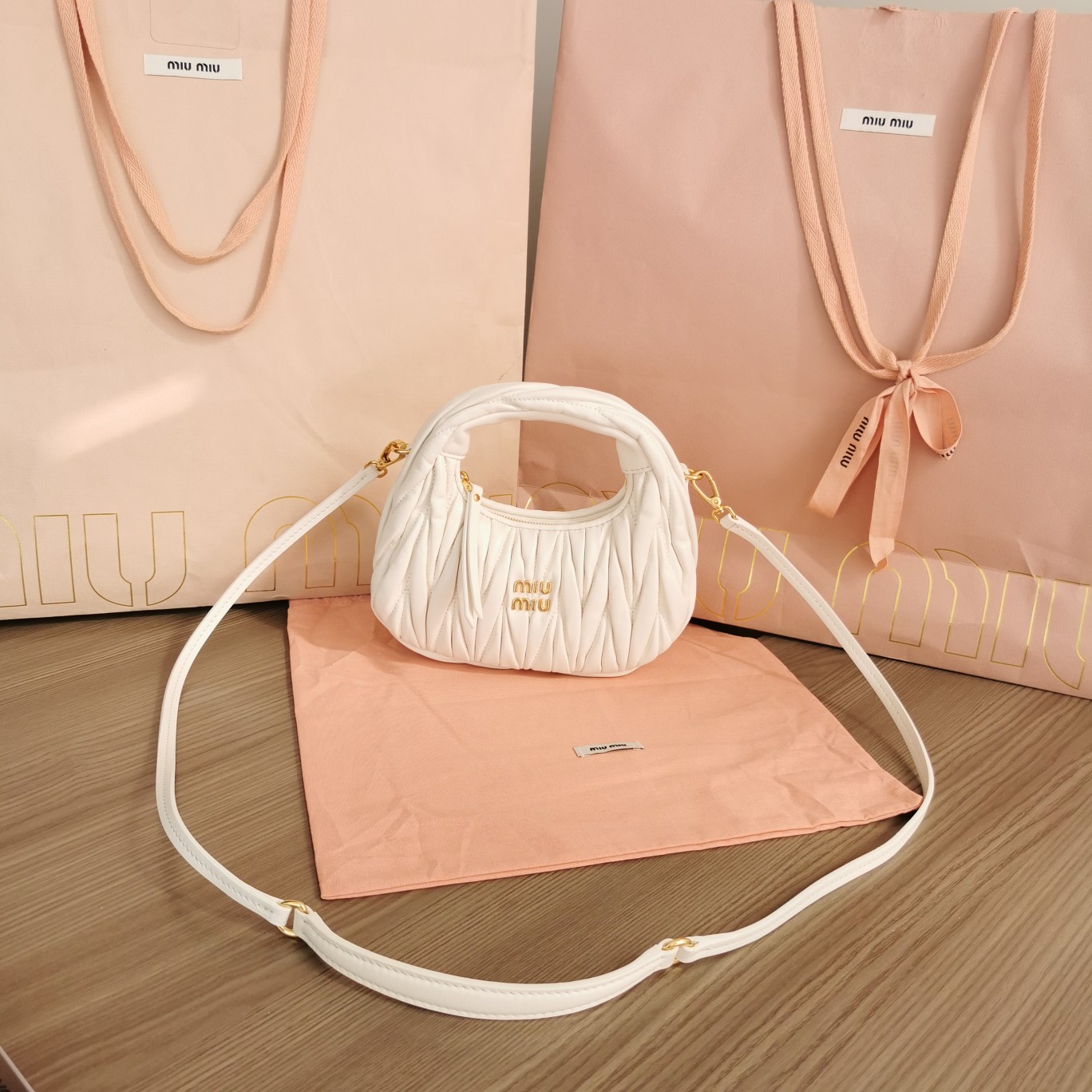Miu Miu White Wander Matelassé Nappa Leather Hobo Mini-bag | Miu