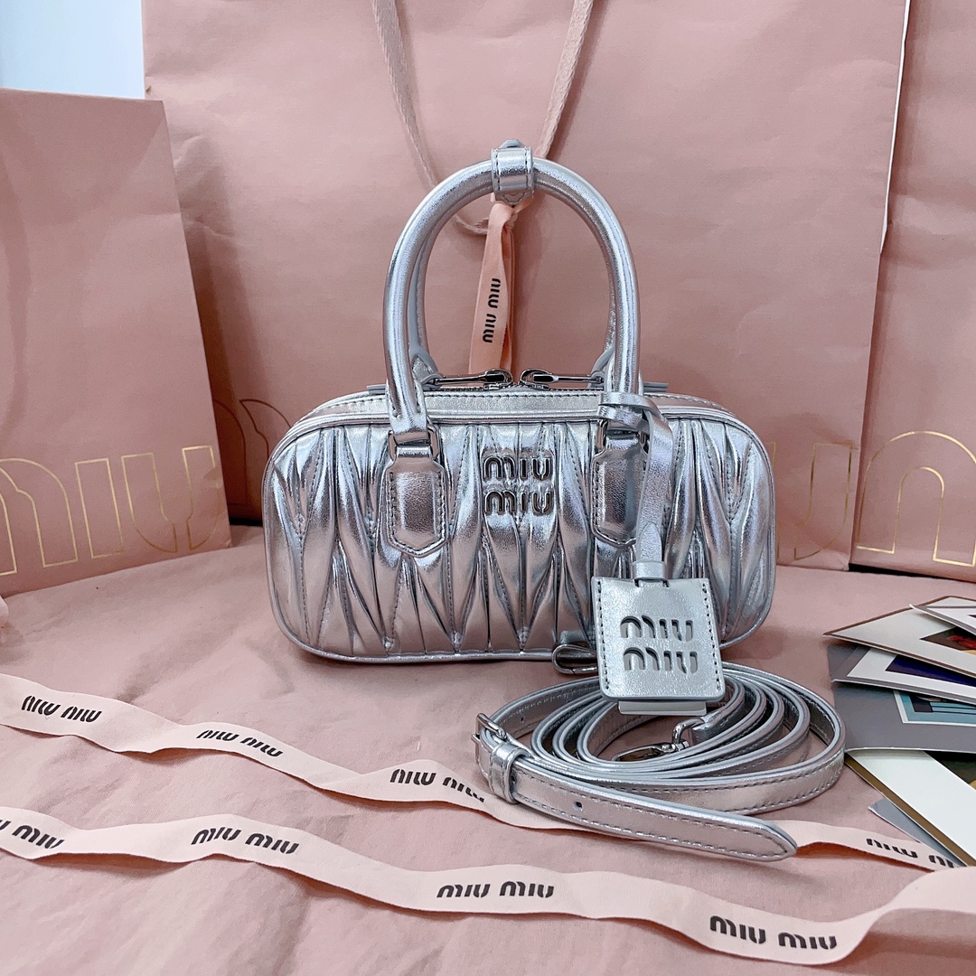 MIU MIU Metallic Nappa Matelasse Mini Arcadie Top Handle Bag Silver 167000