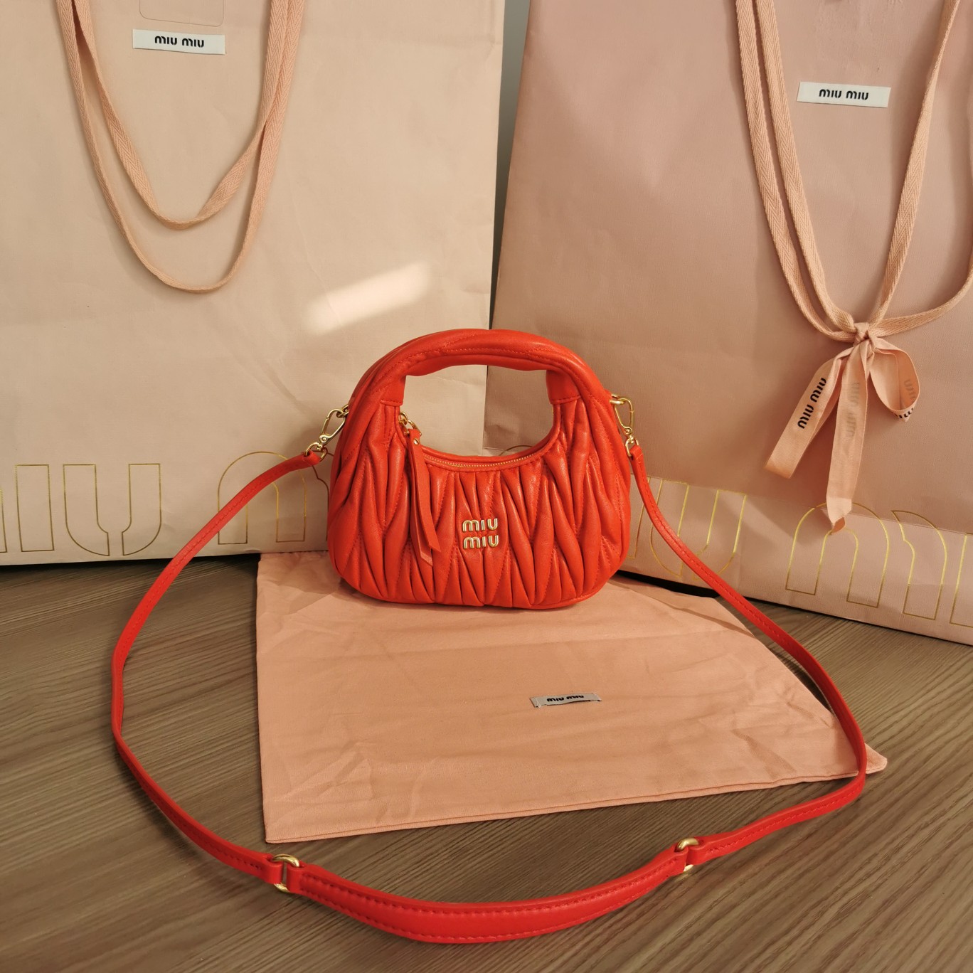 Miu Miu Orange Wander Matelassé Nappa Leather Hobo Bag | Miu Miu