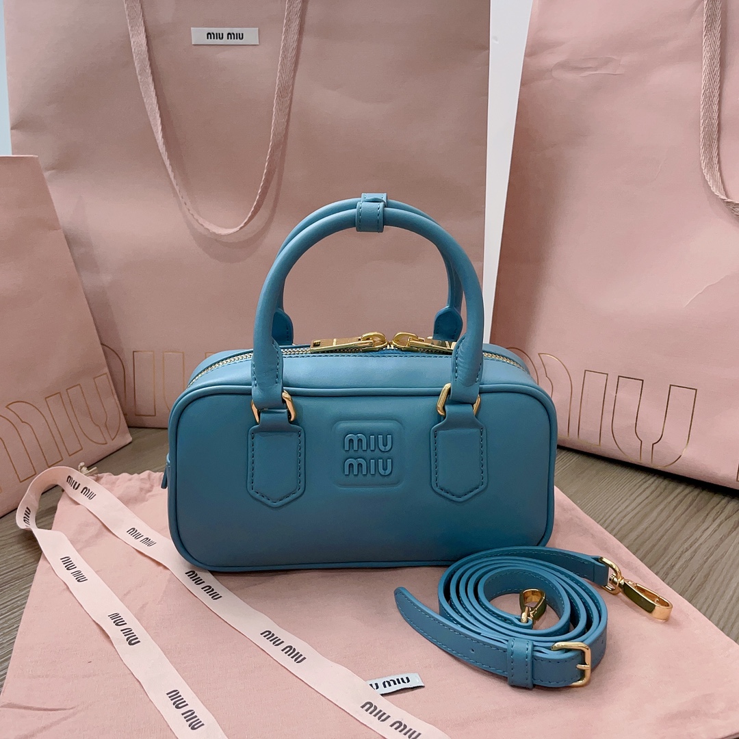MIU MIU Calfskin Regular Arcadie Top Handle Bag Aqua mini bag in blue